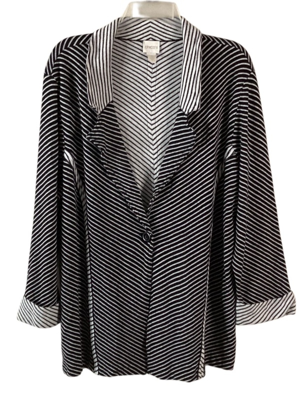 Chico's Black and White Striped Cardigan Sweater Silk Blend Jacket XL